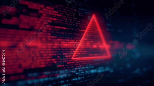 Neon triangle cyber security red code data breach warning symbol digital danger glitch dark background evokes tension futuristic network cybersecurity warning triangle digital code leak pulses