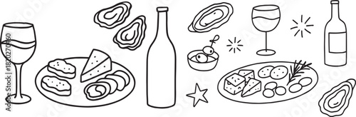 Wine and appetisers crayon minimalist drawings. La dolce vita illustration style. Spanish tapas, cheese charcuterie plate, oysters. Mediterranean restaurant menu background. Slow living concept one li