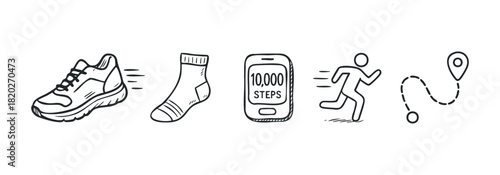 Icons representing fitness and activity tracking a shoe, sock, smartphone with steps, a runner, and a GPS map. Perfect for health and wellness apps and websites.