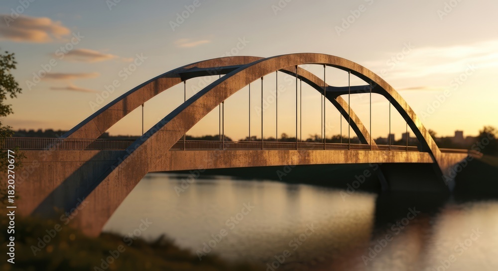 Naklejka premium Concrete Tied-Arch Bridge Spanning a Calm River During a Golden Sunset
