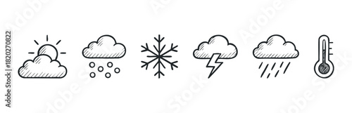 Hand drawn weather icons representing sun, snow, snowflake, lightning, rain, and temperature. Useful for weather apps and forecasting.