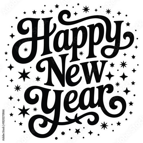 Ornate typography announces Happy New Year surrounded by sparkling stars and scattered dots on a white background