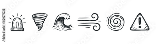 Collection of hand drawn icons symbolizing natural disasters like tornadoes and waves, along with warning symbols, perfect for emergency alerts and informational graphics.