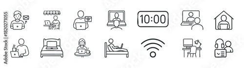 Set of simple line art icons illustrating remote work scenarios like online meetings, email, working from home, and time tracking for business use.