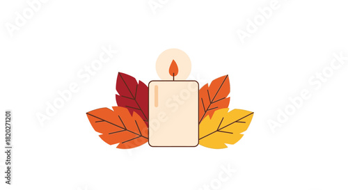 A lit candle surrounded by colorful autumn leaves, symbolizing warmth and the fall season.