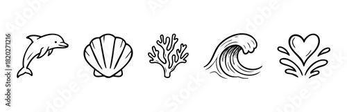 A set of graphic icons featuring ocean creatures and symbols like a dolphin, shell, coral, wave, and heart splash, ideal for summer holiday visuals.