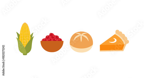 Illustration of Thanksgiving food items including corn, cranberries, bread roll, and pumpkin pie slice.