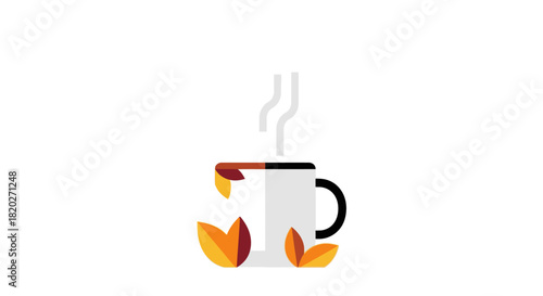 A white mug with a black handle, filled with tea, and decorated with autumn leaves.
