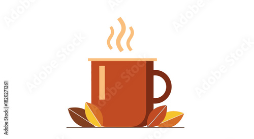 A steaming mug of coffee or tea surrounded by autumn leaves, evoking a cozy seasonal atmosphere.