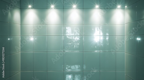 Interior corner of a room completely covered in glossy light blue tiles illuminated by recessed ceiling spotlights