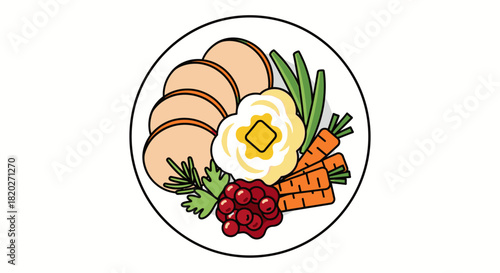 A top-down view of a plate with a Thanksgiving dinner, including turkey and sides.