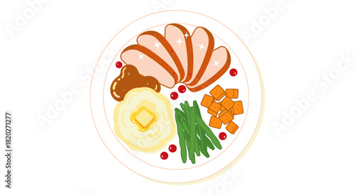 Illustration of a Thanksgiving dinner plate with turkey, mashed potatoes, gravy, and vegetables.