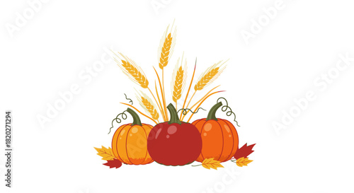 A festive arrangement of pumpkins, wheat stalks, and autumn leaves, symbolizing the harvest season.