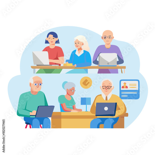 Elderly people and modern digital technology pensioners men and woman sit at computer studying how to work with device. Distance learning for retired people with laptop and entertainment scenes set

