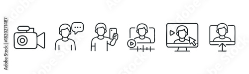 Set of line icons illustrating video creation process, from capturing footage to sharing content online, useful for media platforms and production services.