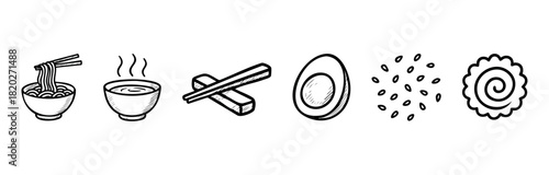 A set of line art icons representing popular Japanese food items. These graphics are ideal for use in culinary contexts like menus, recipe websites, and food blogs.