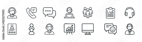 Collection of outline icons for customer service, chat, teamwork, and business performance metrics. Useful for web and app interfaces.