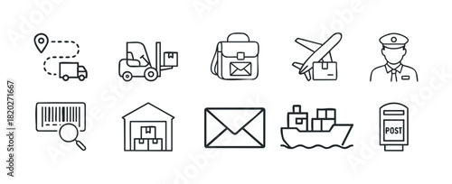 Collection of shipping and delivery icons including truck, airplane, ship, forklift, mail, warehouse, and postman, useful for logistics websites and apps.