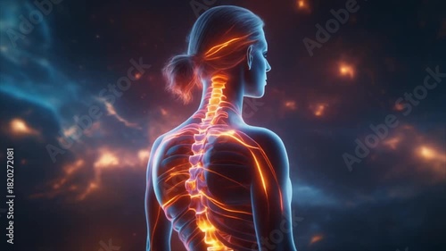 Illuminated human spine and nervous system radiating vital energy against a cosmic scientific background, representing health, wellness, and advanced medical understanding
