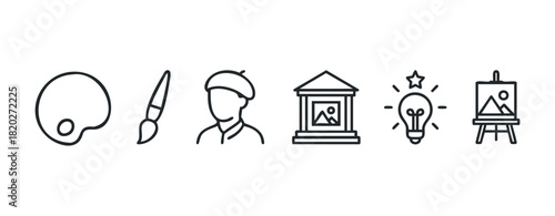 A set of simplified outline graphics depicting tools and symbols of painting and inspiration, perfect for visual themes and presentations.
