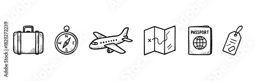 Set of hand drawn travel icons representing journeys and exploration, perfect for vacation planning, adventure blogs, and transportation themes.