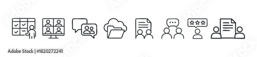 Collection of business icons representing collaboration, digital tools, and success metrics, perfect for presentations and digital interfaces.