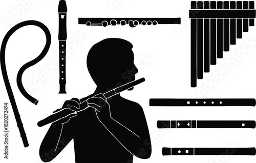 Silhouette of person playing flute surrounded by various wind instrument parts