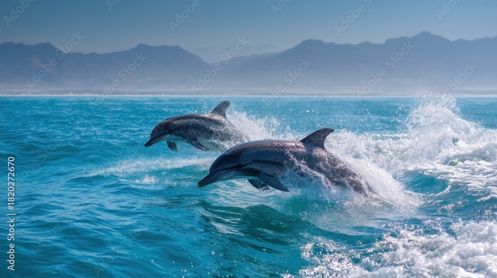 Fototapeta premium Two dolphins leaping out of the water, with mountains in the background.