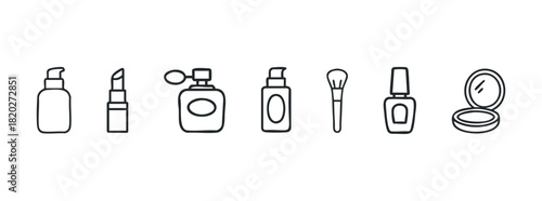 A line drawing set of cosmetic and personal care items, perfect for beauty blogs, product packaging, or marketing materials related to personal grooming.