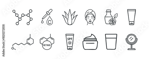 Collection of icons for skincare and cosmetic products, featuring scientific molecules, plant extracts, application tools, and containers for health and wellness marketing.