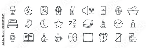 Line icons symbolizing sleep, comfort, and relaxation, perfect for health and wellness projects promoting rest and selfcare.