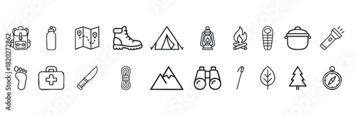 Set of line icons representing camping and outdoor adventure gear and symbols. Perfect for travel, hiking, and nature themes.