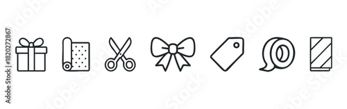 Collection of line art icons for gift wrapping essential items like a present scissors bow tape roll gift wrap paper and tag suitable for festive occasions.