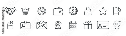 A collection of modern line icons representing business, finance, and membership, suitable for web and app interfaces, marketing materials, and presentations.