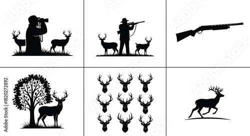 Black silhouette illustrations of hunters with binoculars and rifles alongside deer and trees