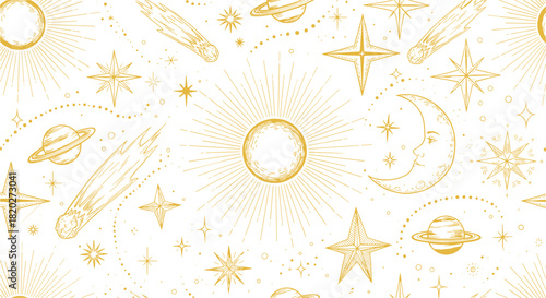 Celestial pattern with sun moon stars comets and planets in gold line art on white background