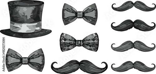 Collection of black and white bow ties top hat and mustaches with textured patterns