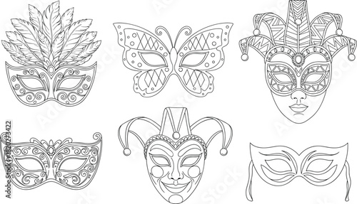 Collection of six black and white line art masquerade masks including feathered ornate butterfly and jester designs