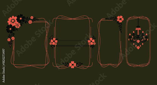 Coral and Black Floral Frames and Chandelier on Dark Green Background decorative border