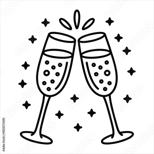 Two champagne glasses clink together amidst sparkling stars in a celebratory line drawing