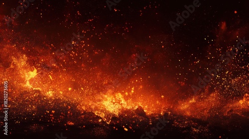 A fiery explosion with sparks and flames in a dark, intense setting, with a black background and a fiery glow in the foreground.