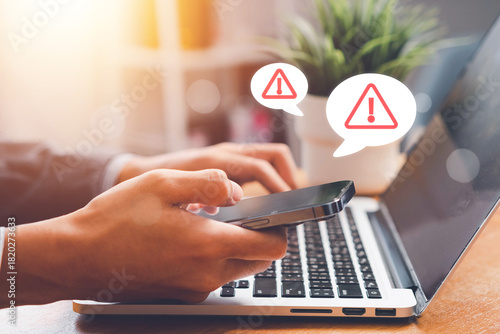 Cybersecurity threat with fake email and SMS alerts on smartphone, showing phishing scams, identity theft risk, online fraud, and red warning icons to highlight mobile security awareness.