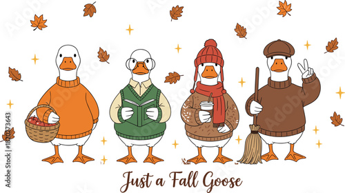 Four cartoon geese dressed in autumn sweaters and hats with fall leaves and stars