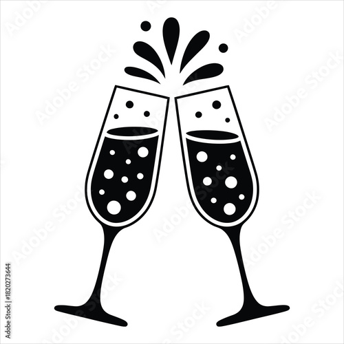Two glasses of sparkling wine are clinking together with bubbles against a white background
