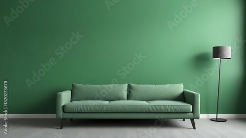 Minimalist green wall with sofa and marble pattern, featuring grey carpet and lamp.