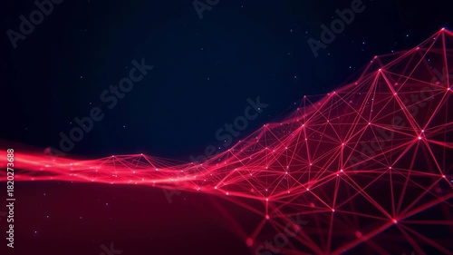 Digital network mesh red neon line dark space data wave abstract grid futuristic web glowing point information technology background flows calmly with depth and mystery for design and science