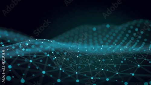 Information technology background network dots wave glow digital grid connection data flow abstract teal futuristic depth smooth motion with neon network dots abstract digital data connection wave