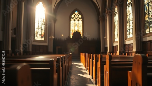 A serene church interior illuminated by stained glass, with empty wooden pews in focus.