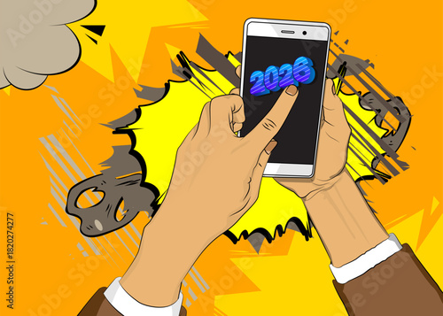 Cartoon Smartphone, comic book Telephone with 2026. Retro vector comics pop art design.