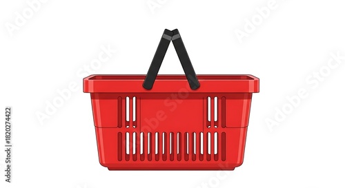 A realistic vector illustration of a bright red empty plastic shopping basket with a black handle, for supermarket or e-commerce, isolated on white